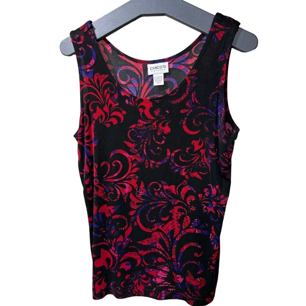 Chicos Travelers Tank Top Size 2 Large Black Red Purple Paisley Scroll Print